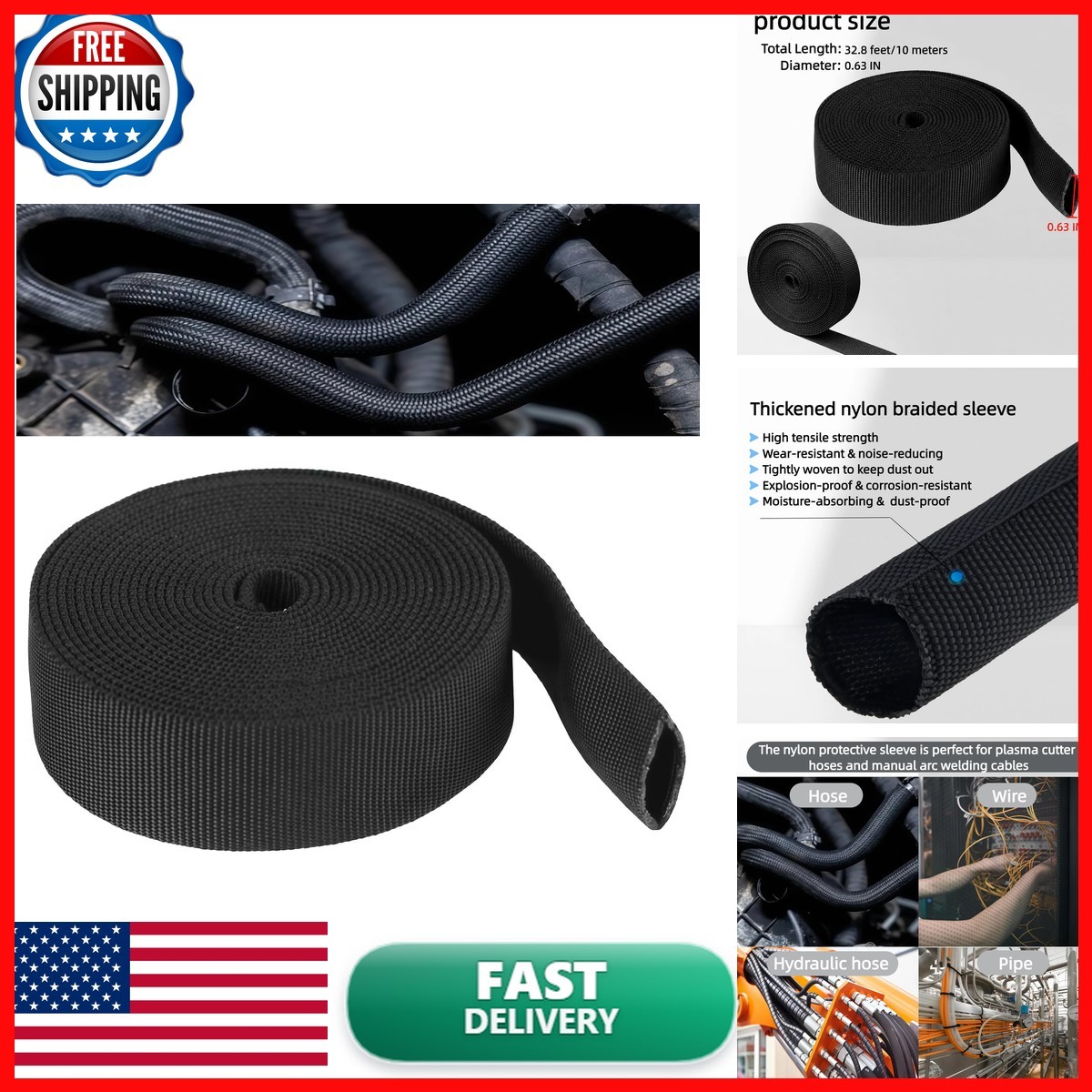 32.8FT Nylon Hydraulic Hose Protector Sleeve - Braided Cover for Hydraulic