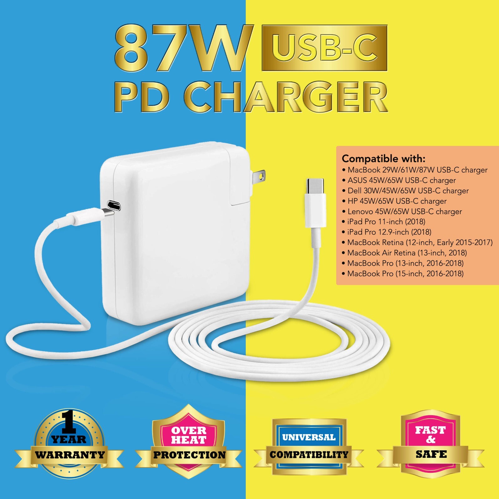 87W USB C Power Adapter Charger For Macbook Pro 13 A1540 A1706 A1708 A1718 A1989