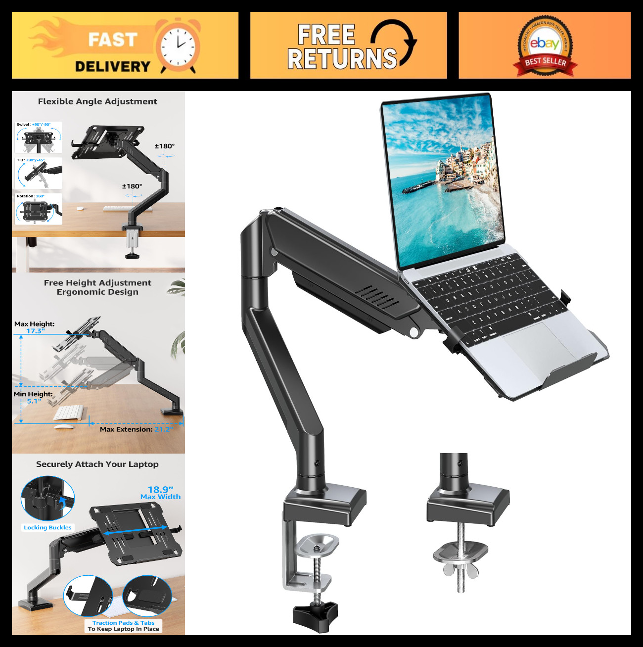 Adjustable Laptop Stand & Monitor Mount, 2-in-1 Desk Arm for 17" Laptops & 32" M