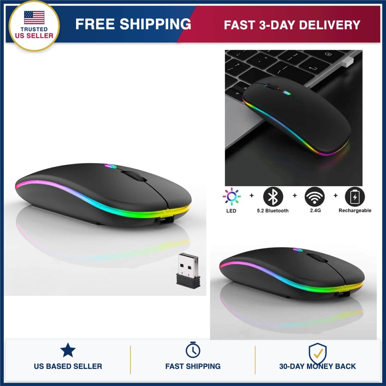 Guiheng Wireless Bluetooth Mouse Dual Mode Rechargeable Silent Slim LED