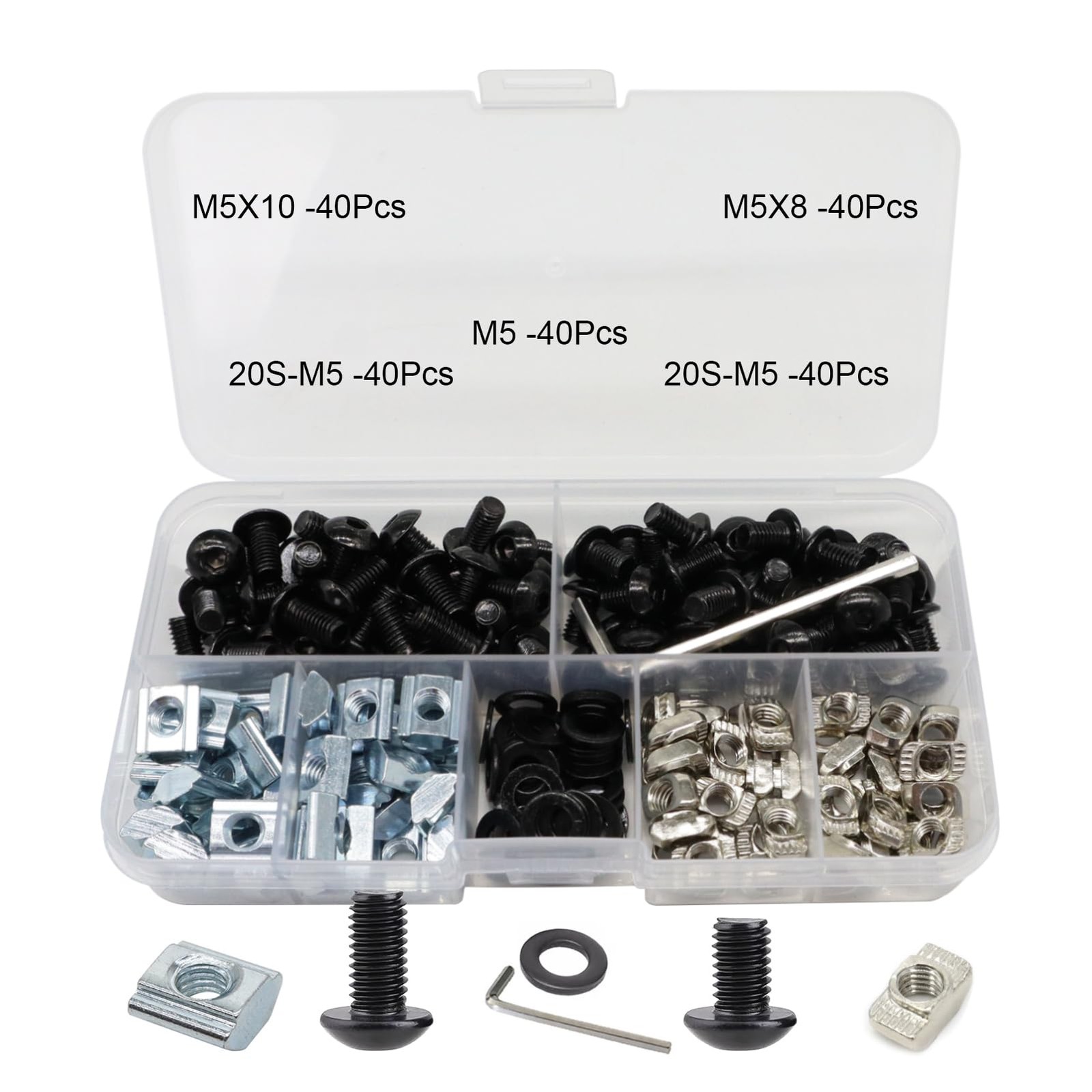 200Pcs 2020 Aluminum Extrusion Hardware Kit M5 T Slot Nuts Bolts Screws M5x8