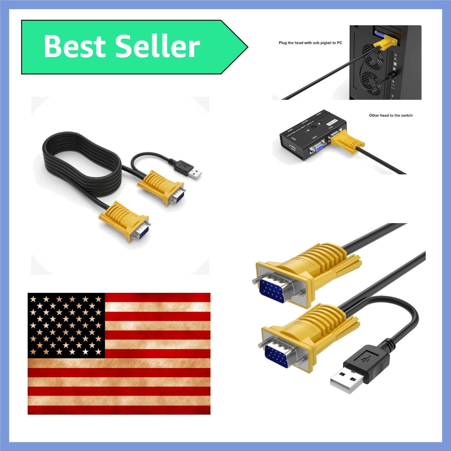 2-in-1 USB VGA KVM Cable 1.8m 6ft for USB KVM Switch VGA