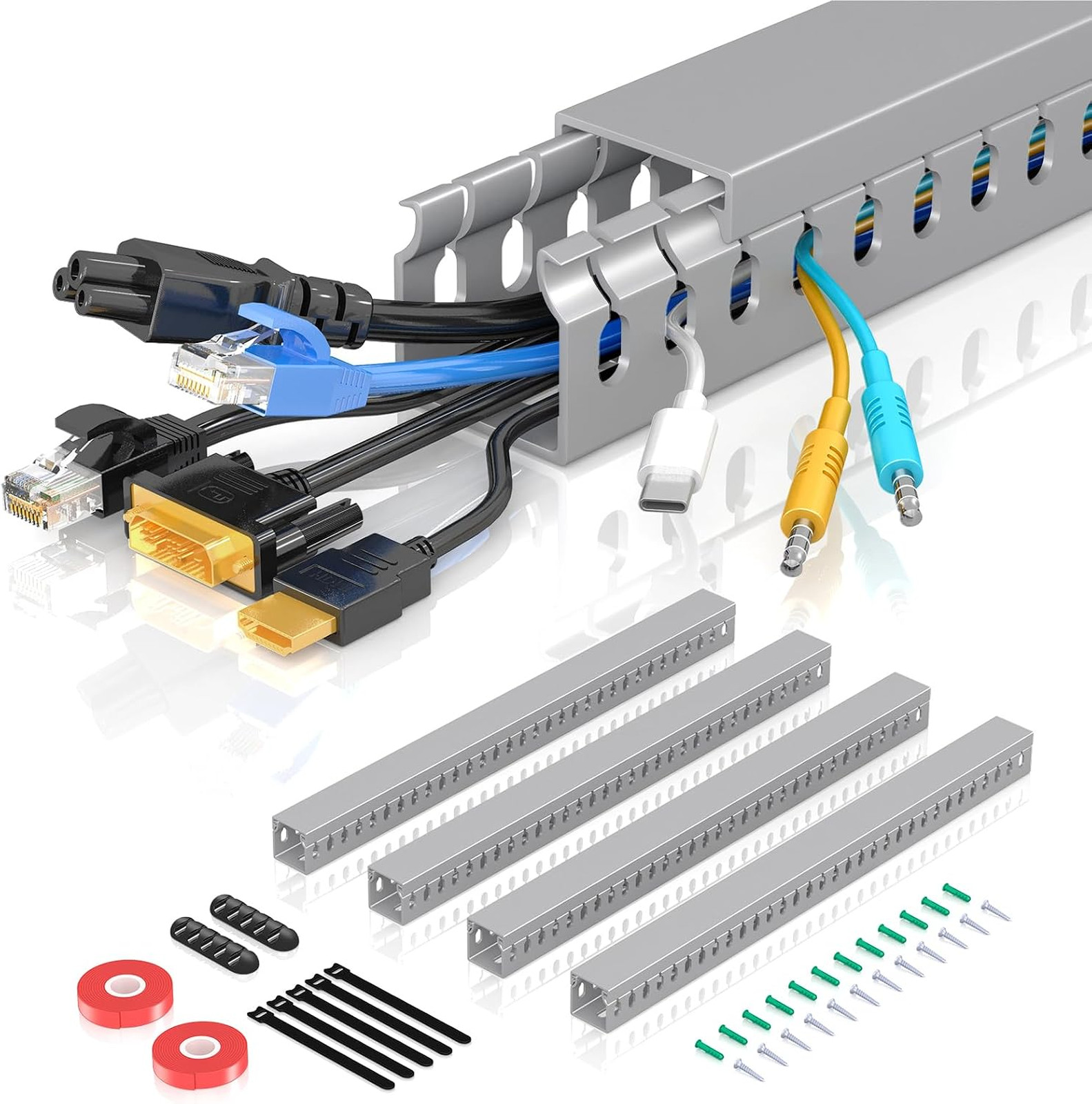 Open Slot Wire Duct Kit 62.8 Inch PVC Cable Management Raceway for Desk and Wall
