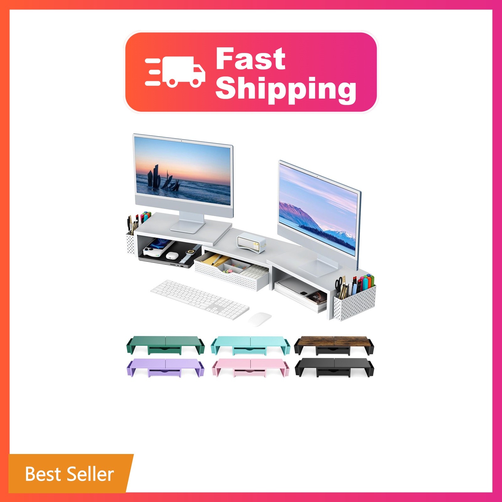 gianotter White Dual Monitor Stand Riser with Drawer
