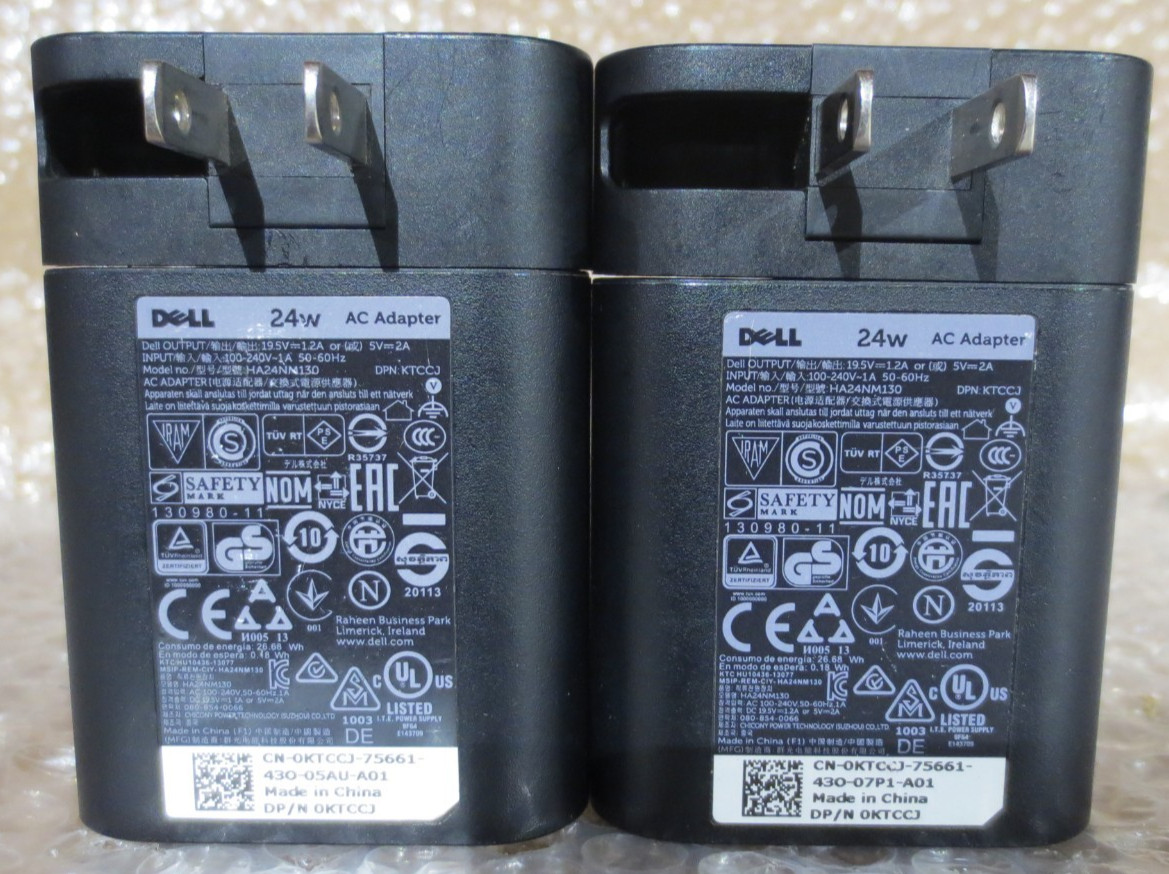 LOT OF 2 Dell 24W AC Adapter Charger Plug Model HA24NM130 0KTCCJ