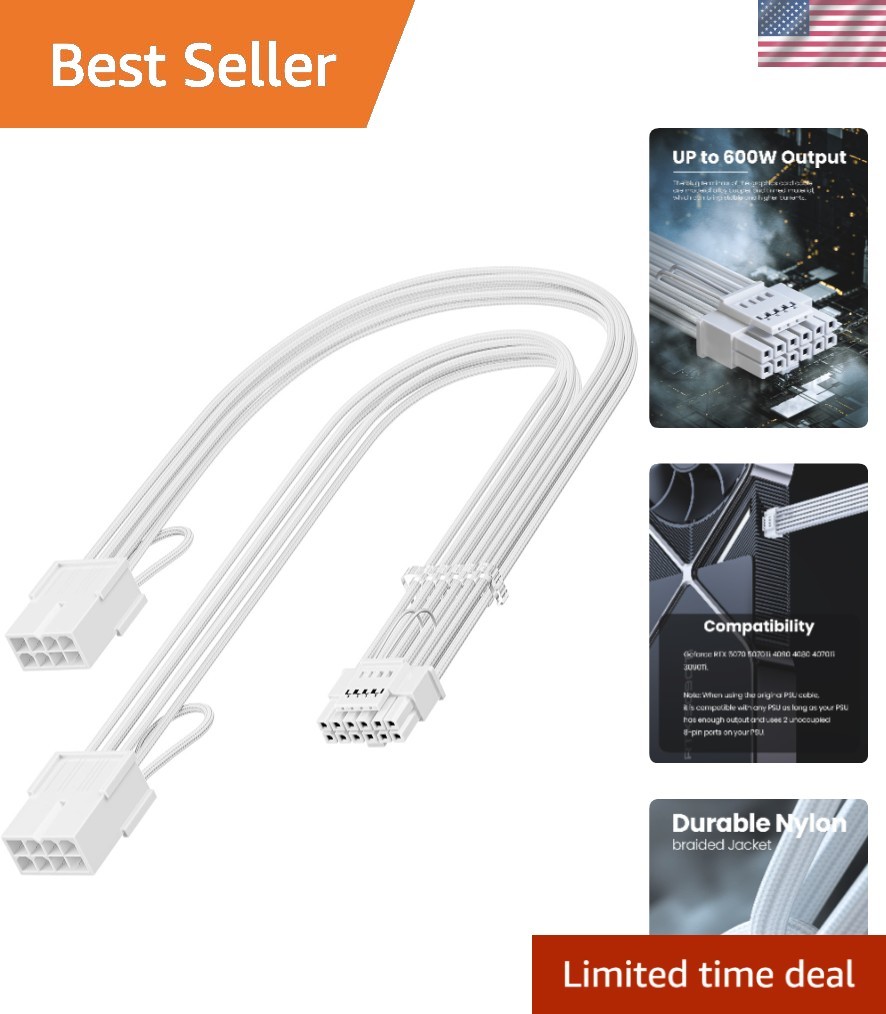 White 12V-2x6 Braided GPU Extension Cable with Combs for Stylish Builds
