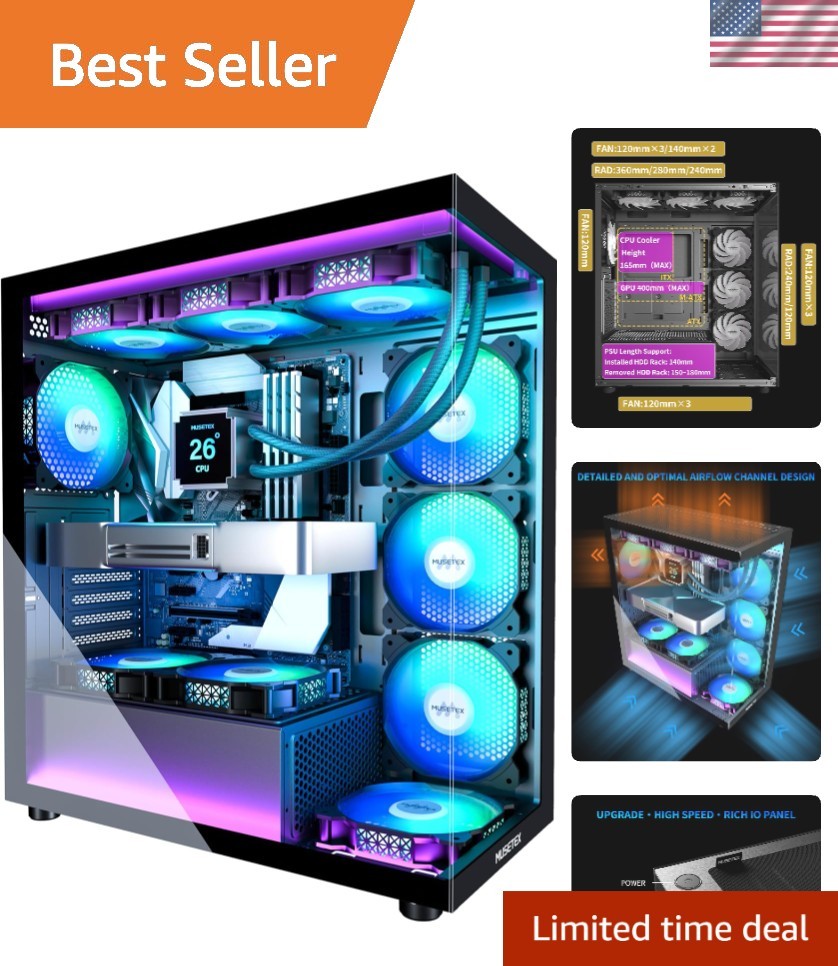 Mid Tower Gaming PC Case with Dual Tempered Glass & 7 ARGB Fans Pre-Installed