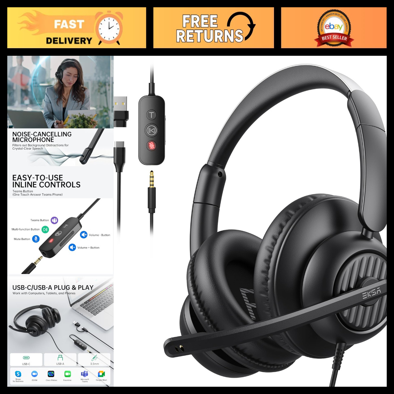 USB Headset with Microphone for PC, Noise Cancelling Over-Ear Headphones, 3.5mm/