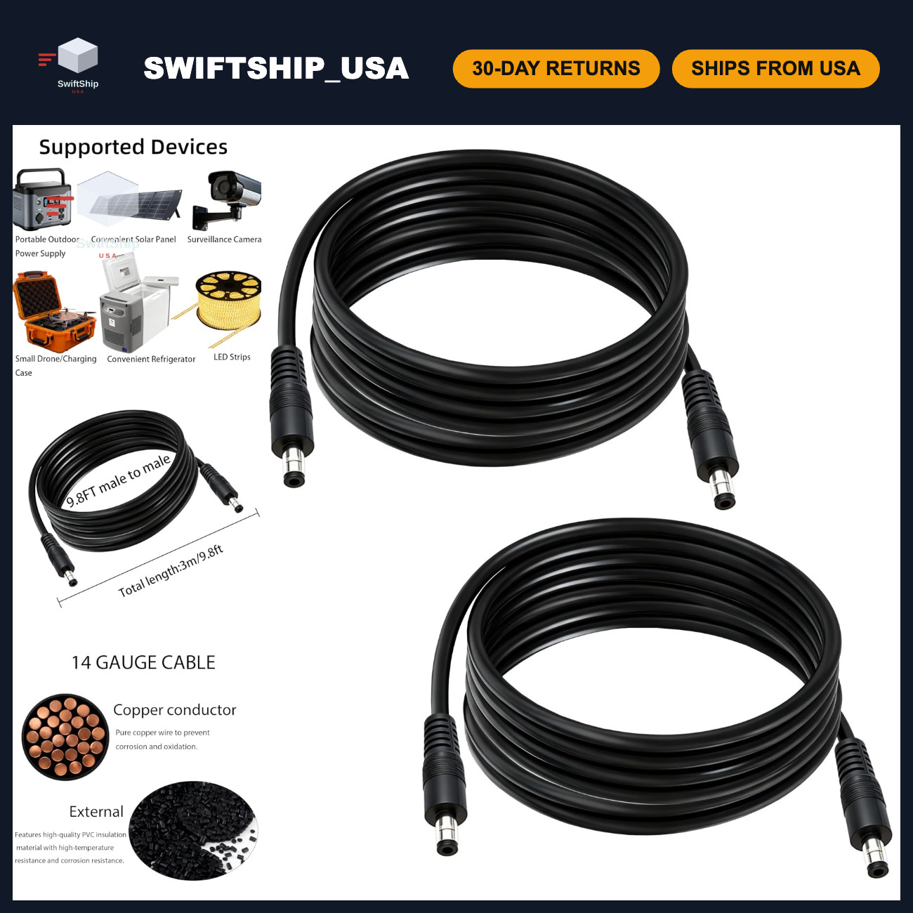 9.8ft DC Power Extension Cable 2-Pcs, 5.5mm x 2.1mm Male to Male Connector