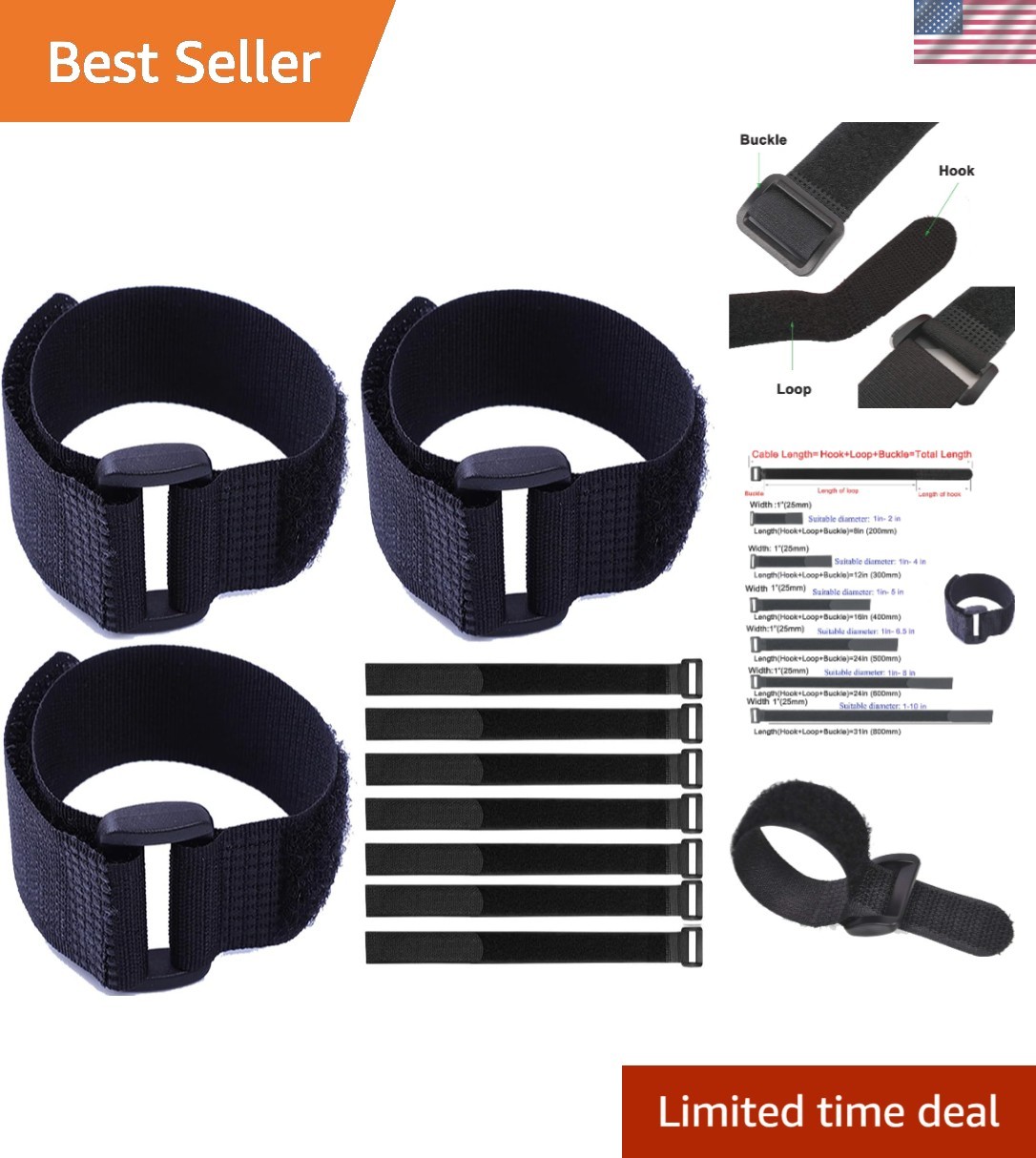 10-Pack Adjustable Black Hook & Loop Cable Straps - Tidy Your Cords Efficiently