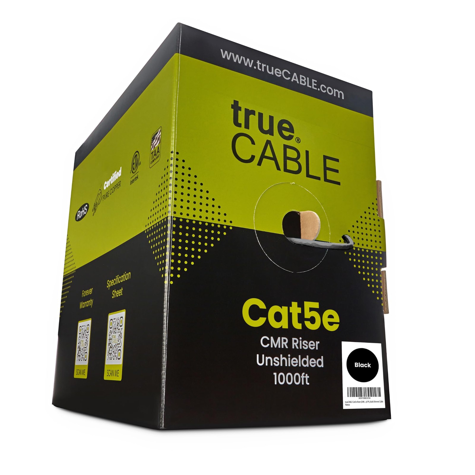 trueCABLE Cat5e Riser 1000ft, Black, 24AWG 4 Pair Solid Bare Copper, 350MHz, PoE