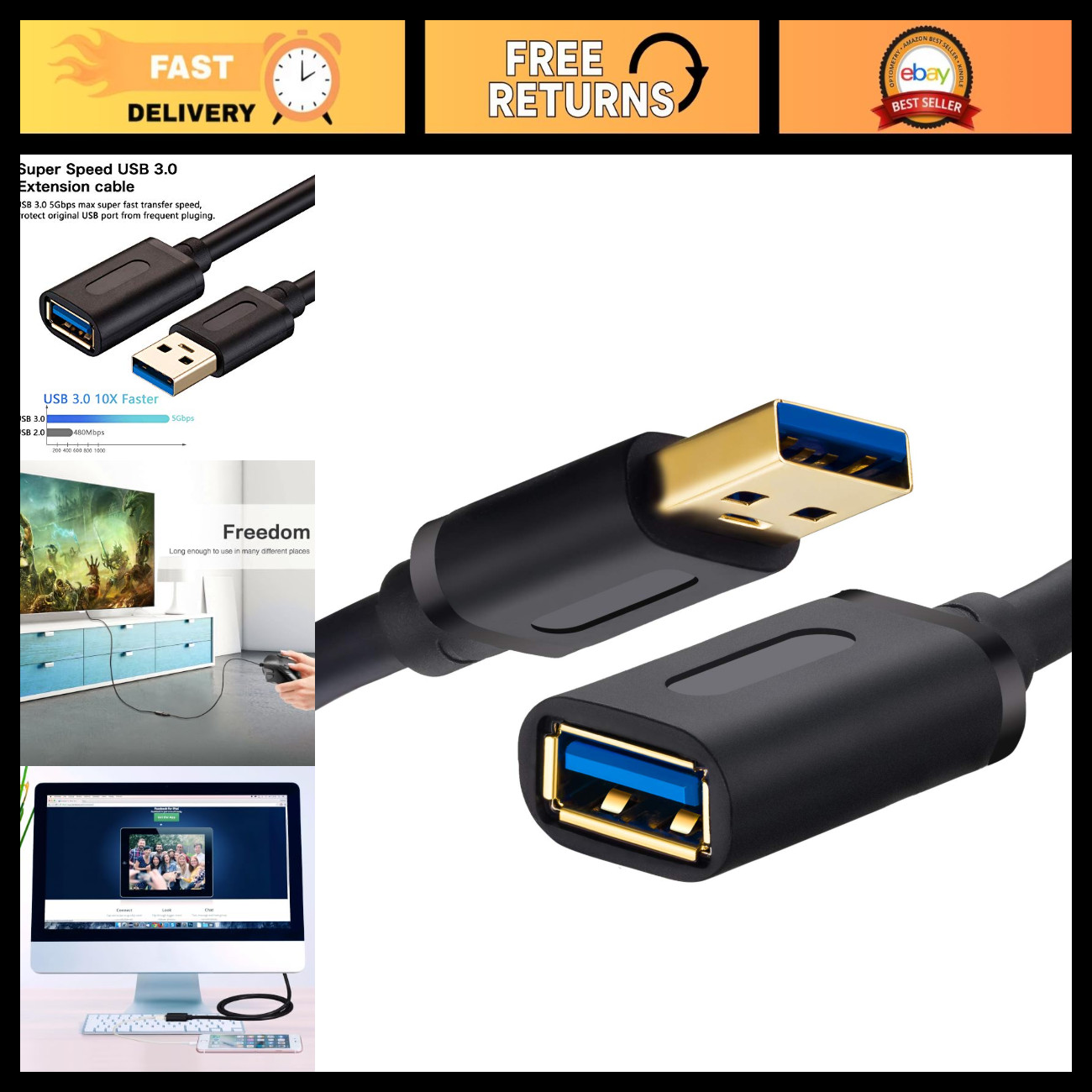 25Ft USB 3.0 Extension Cable, High-Speed Male to Female Connector, Durable Cord