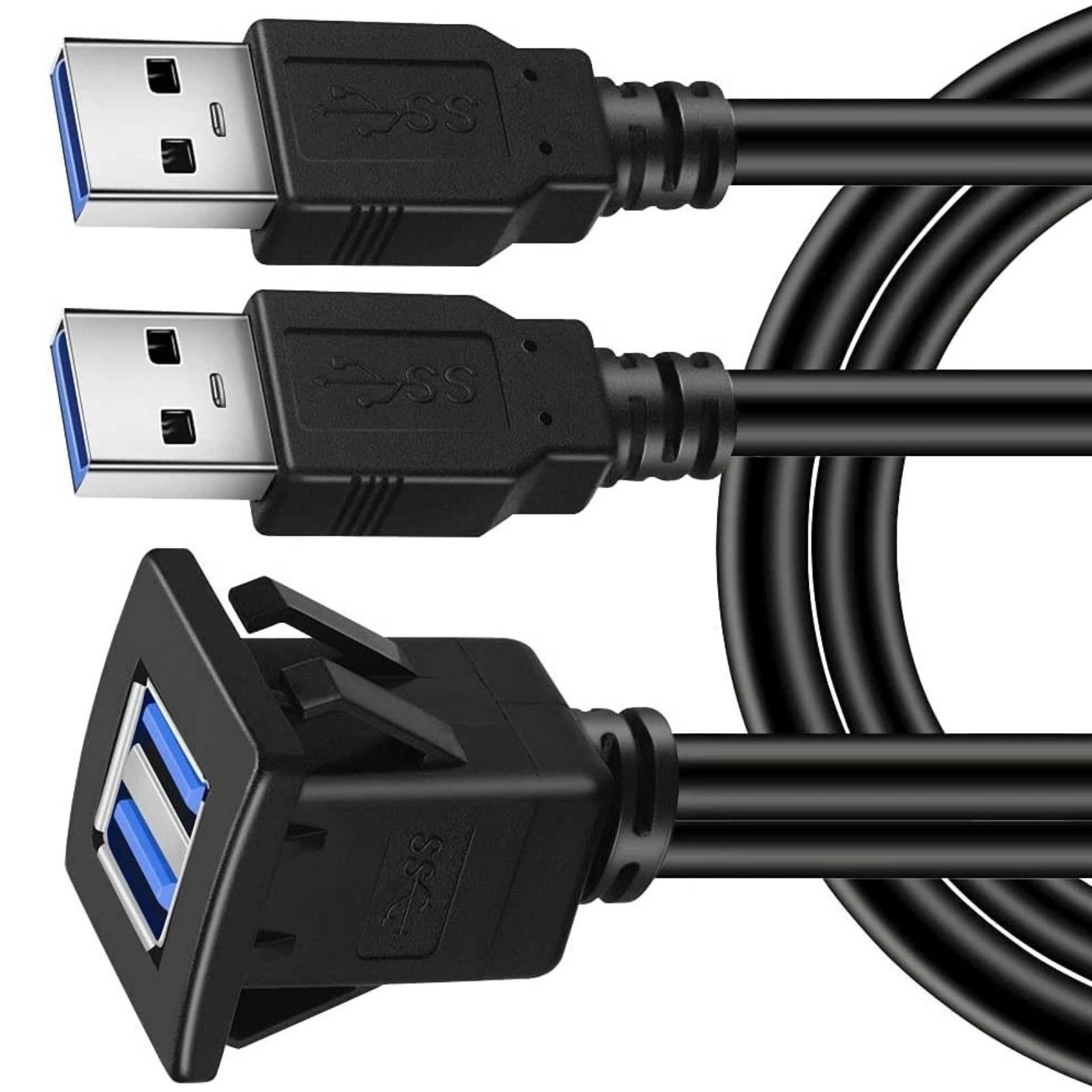 Square USB 3.0 Flush Mount Panel Cable Dual Port Extension for Car Vehicle Boat