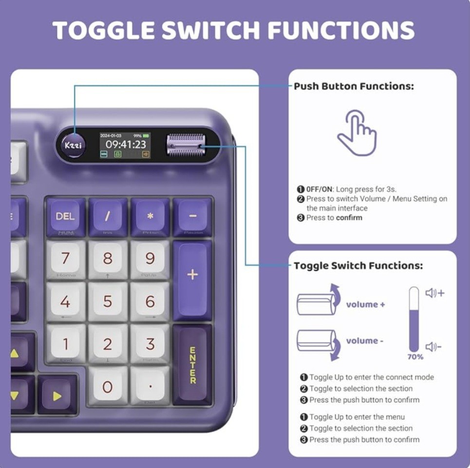 KZZI Z98 Wireless Mechanical Keyboard, Smart Display & Knob, BT5.0/2.4GHz/USB