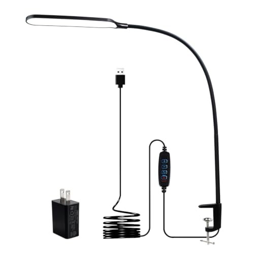 8W LED Desk Lamp with Long Gooseneck and USB Cable, 800LM Pure Black