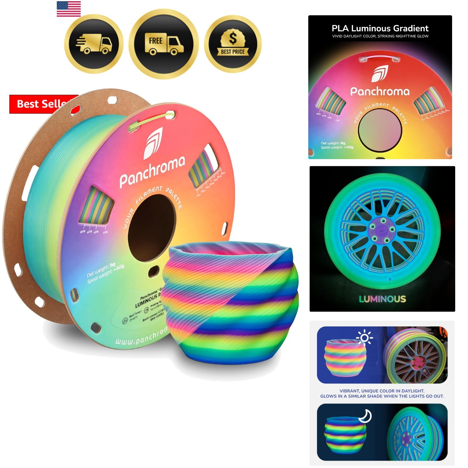 Panchroma PLA Filament, Gradient Luminous Rainbow 1.75mm 3D Printing Filament...