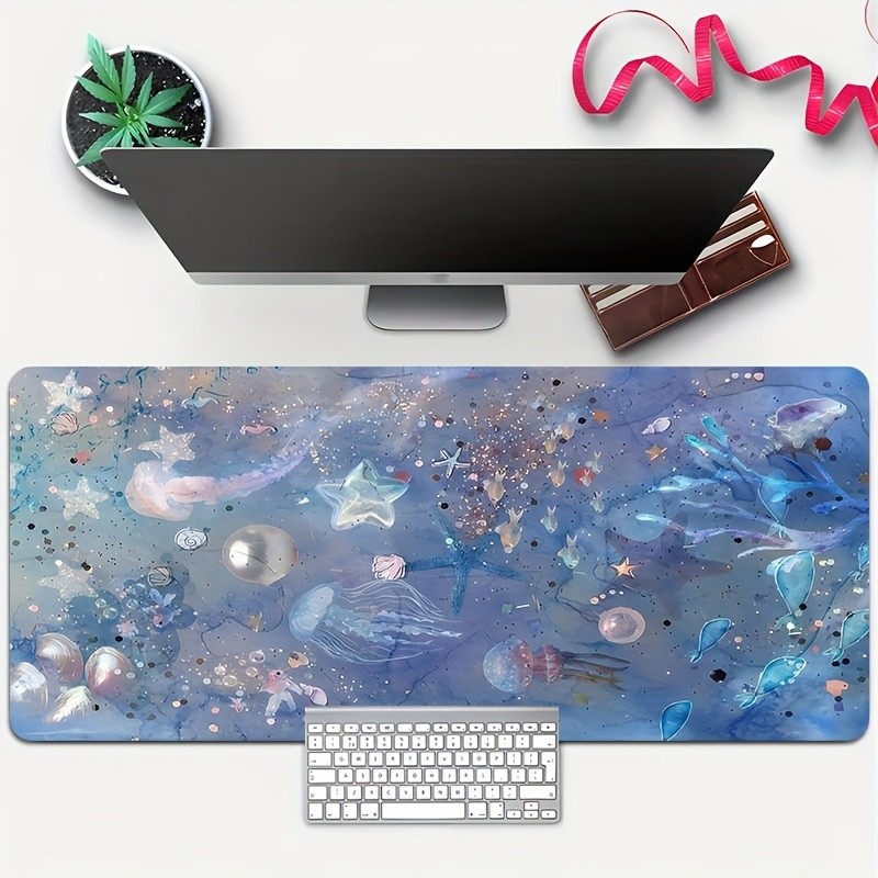 1pc Ocean World Pattern Large Mouse Pad with Stitched Edges, Durable Rubber Ma