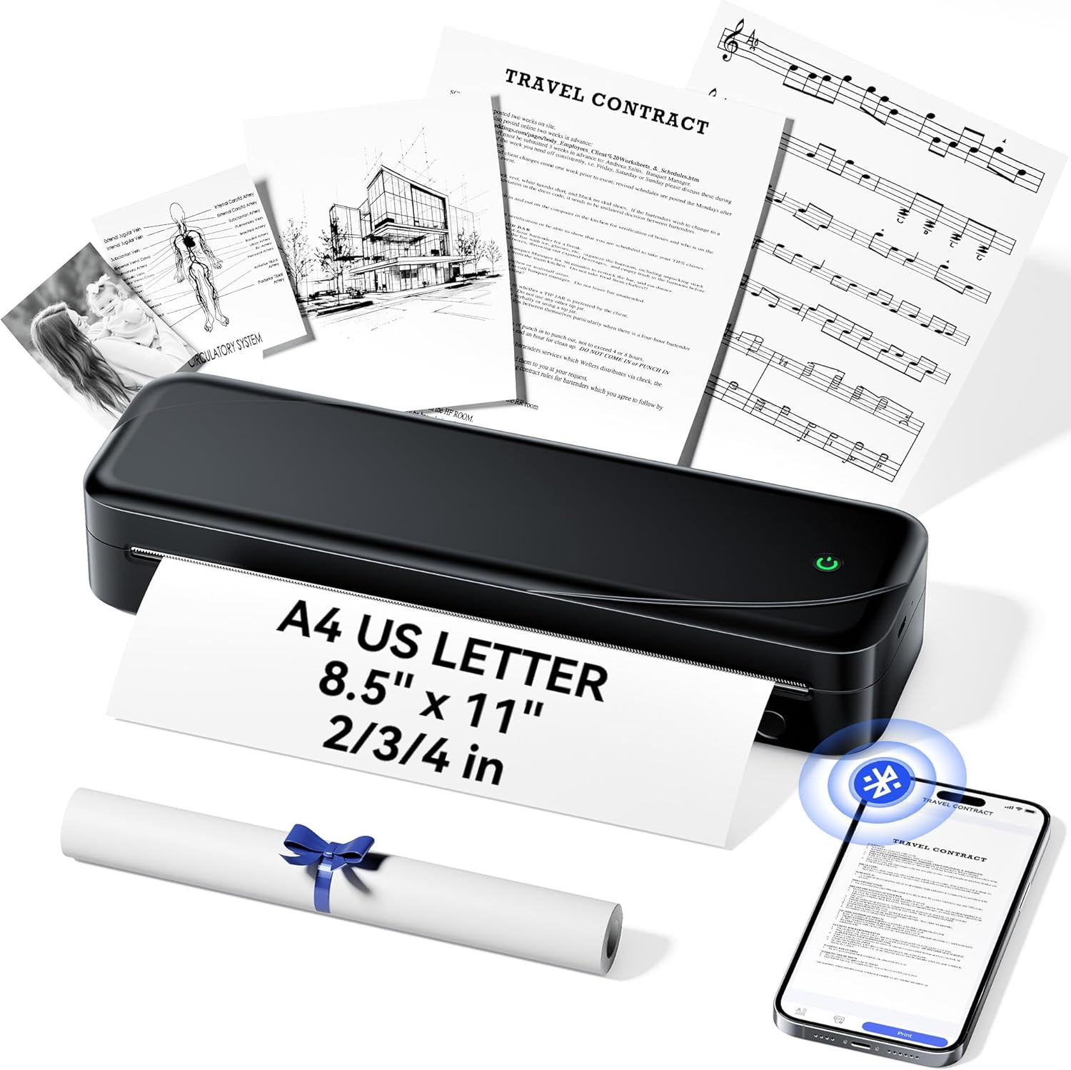 Portable Printer, Bluetooth Thermal Printer Support A4 Thermal Paper, Compatible