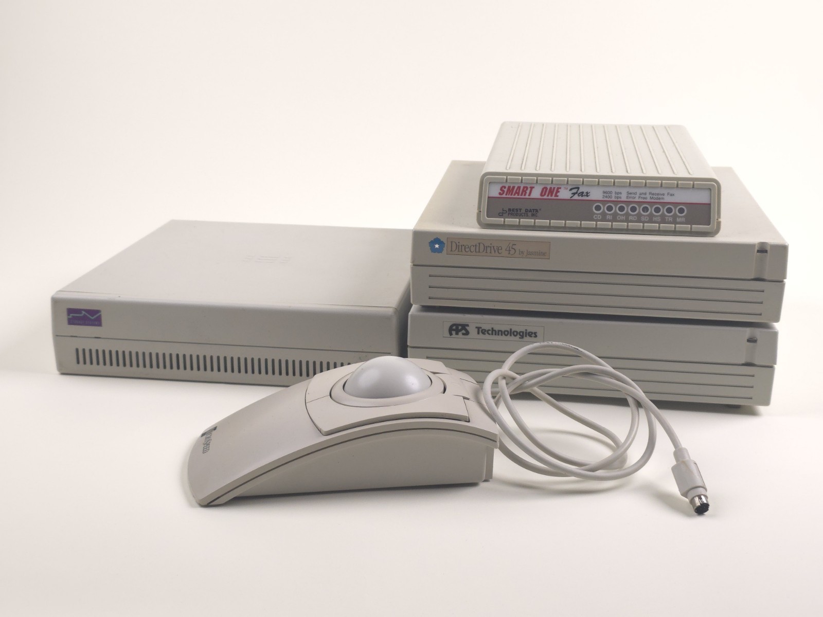 Vintage Macintosh Peripheral & Storage Lot: SCSI Drives, Trackball, Modem +...