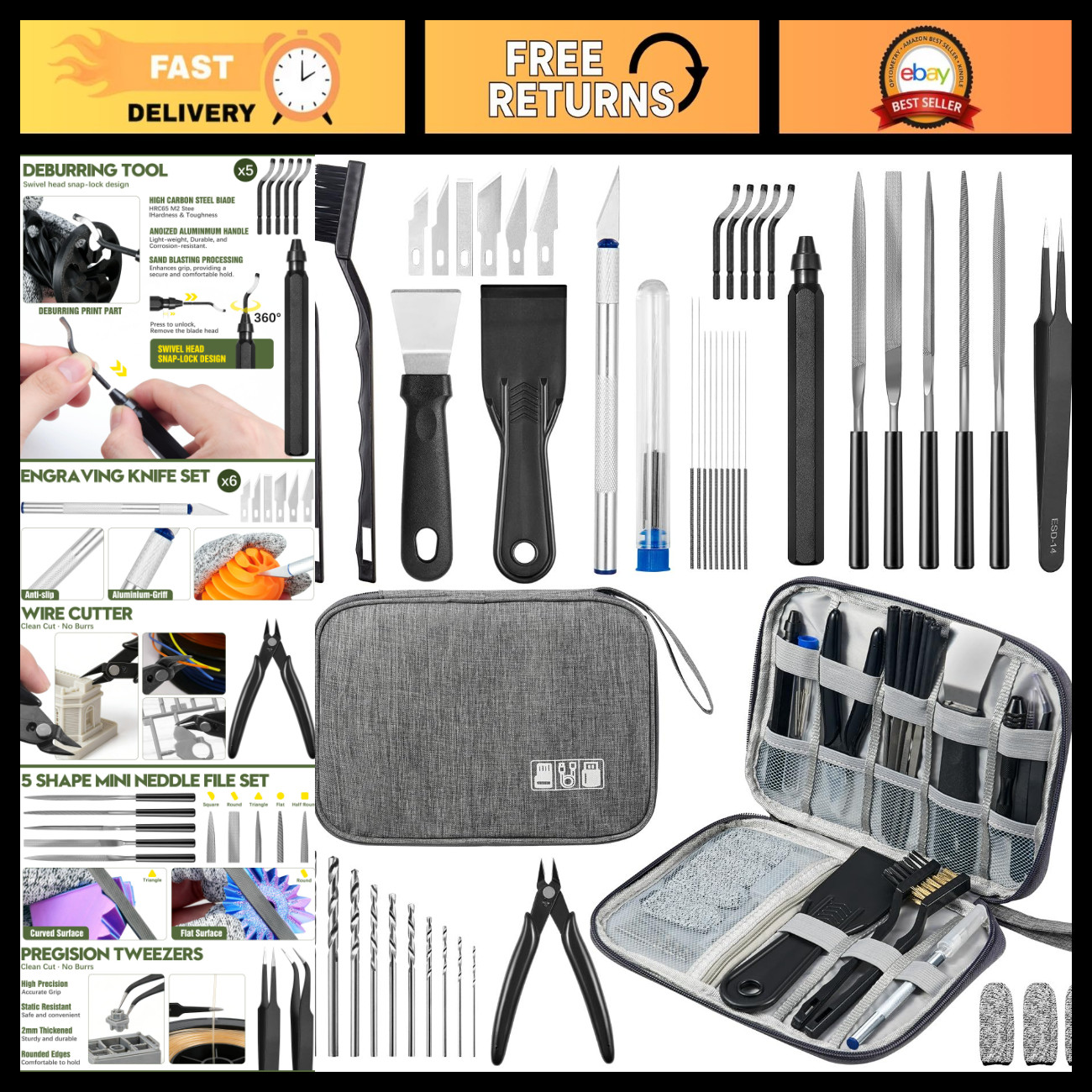 51Pcs 3D Printer Tool Kit with Case, Essential 3D Printing Accessories, Deburrin