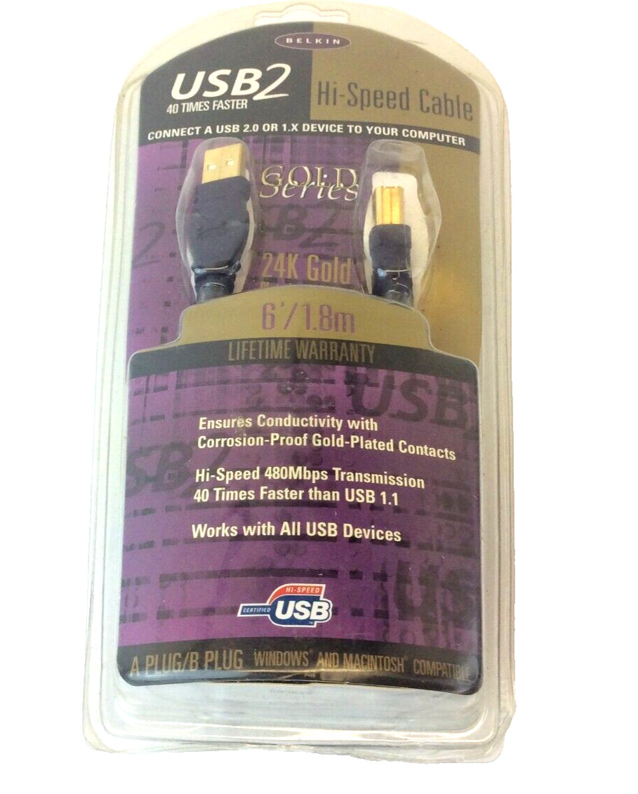 New Belkin USB2 Hi-Speed Cable 24K Gold Plated Connectors A Plug/B Plug 6’ Wire