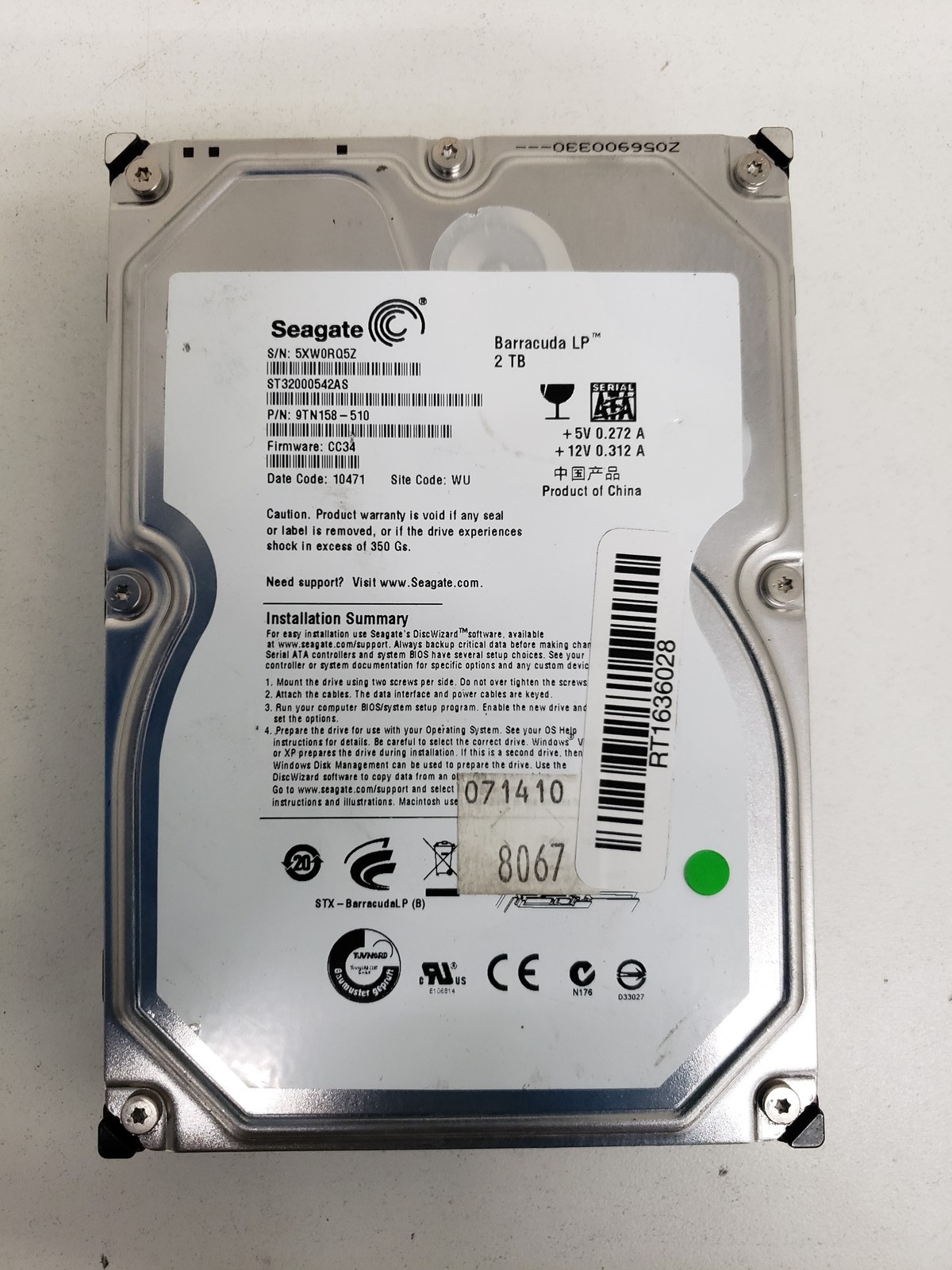 Seagate ST32000542AS 2TB 3.5" 5900 RPM 32MB SATA Hard Drive HDD P/N: 9TN158-510.
