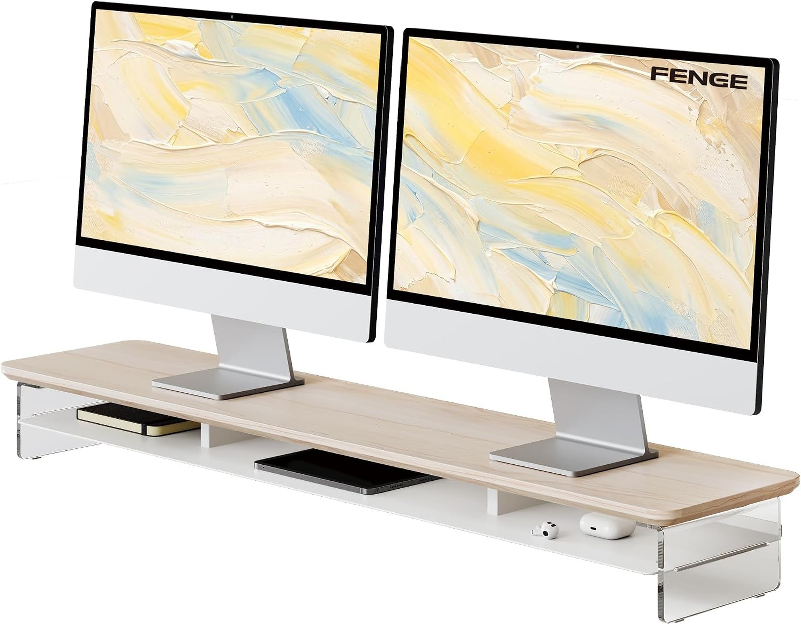 42.5 Inch Dual Monitor Stand with Acrylic Legs and Steel Support Modern Office
