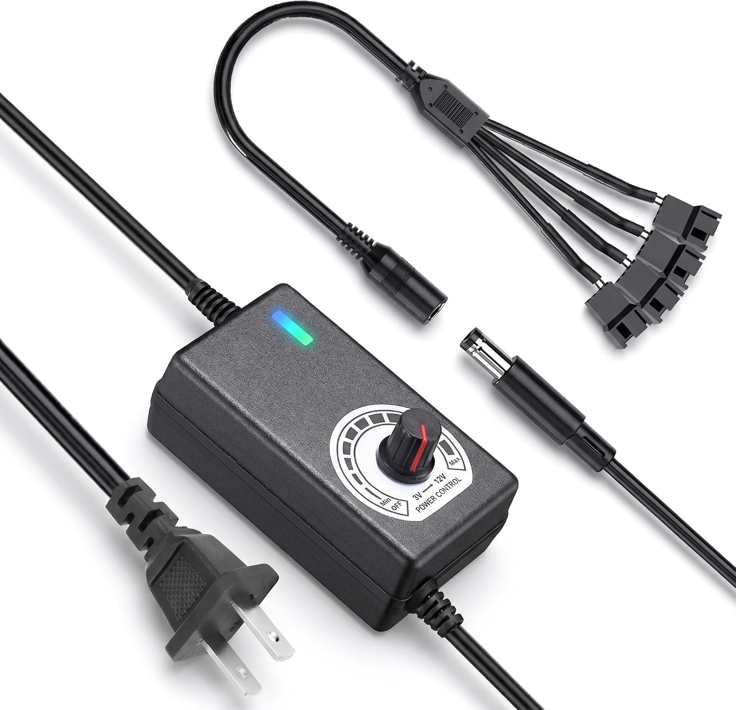 12V PC Fan Speed Controller, AC Plug with 4X 4-Pin Splitter Cable