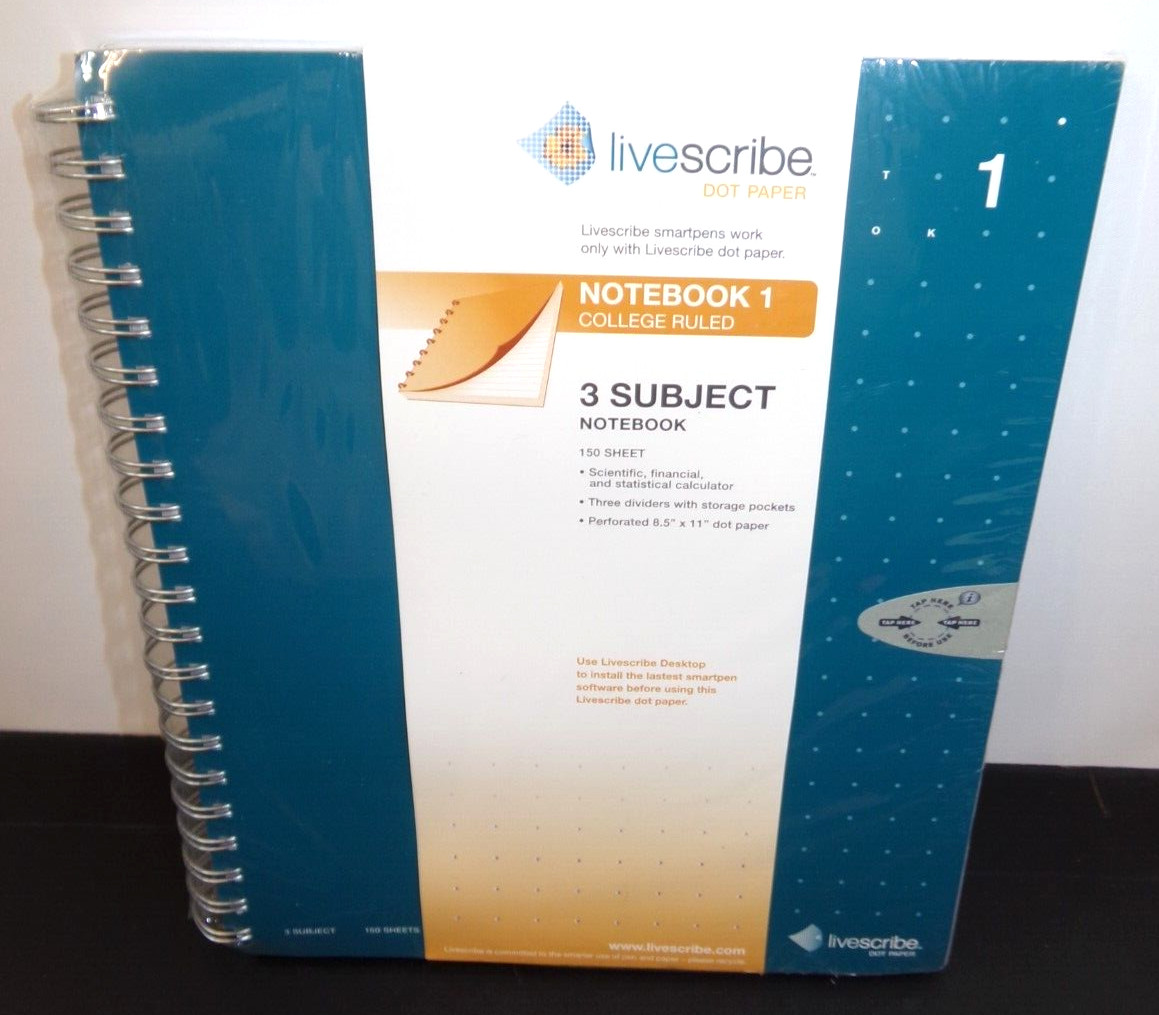 Livescribe DOT Paper Notebook 1 College Ruled 3 Subject Notebook NEW Sealed