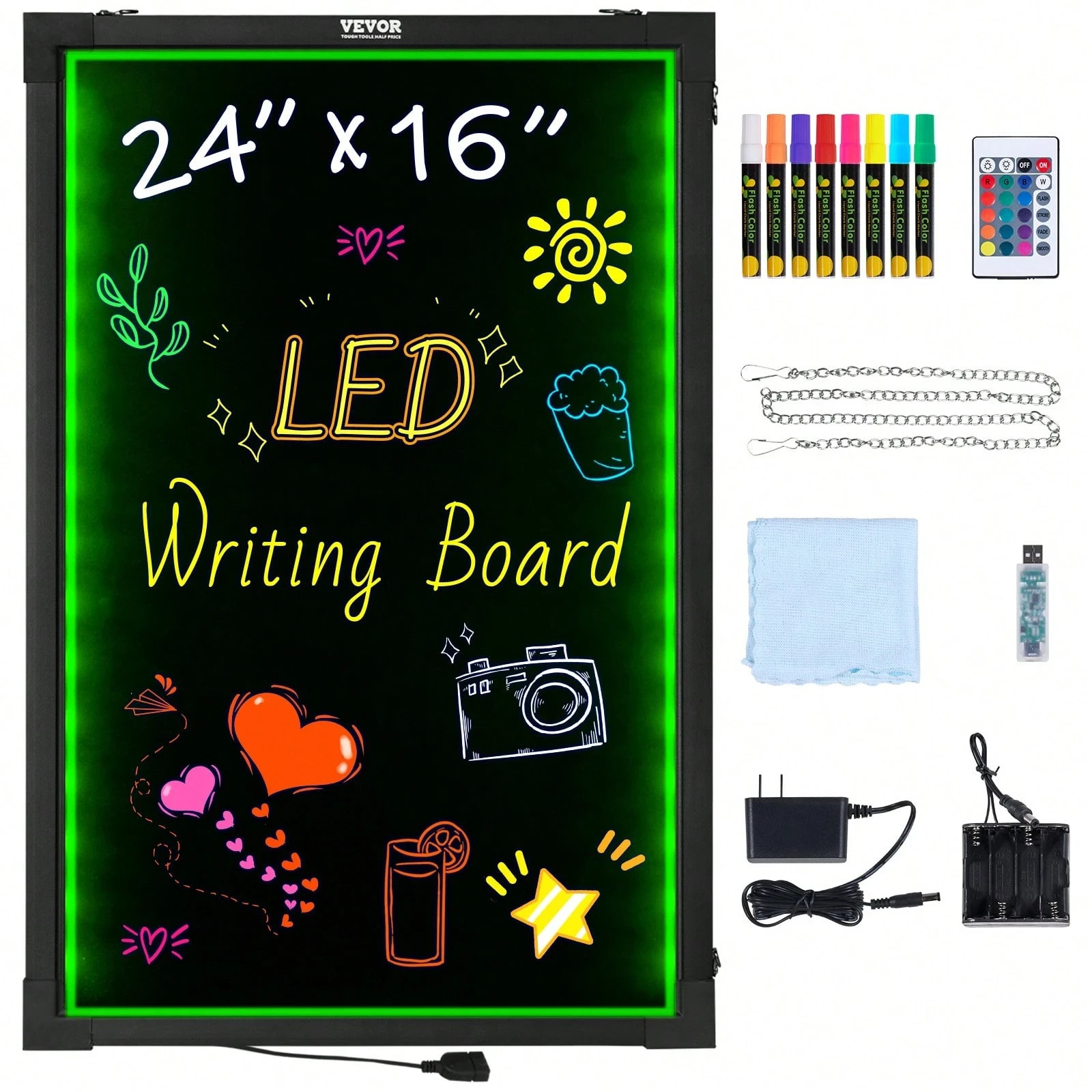 Illuminated LED Message Writing Board with Fluorescent Markers & Remote Control