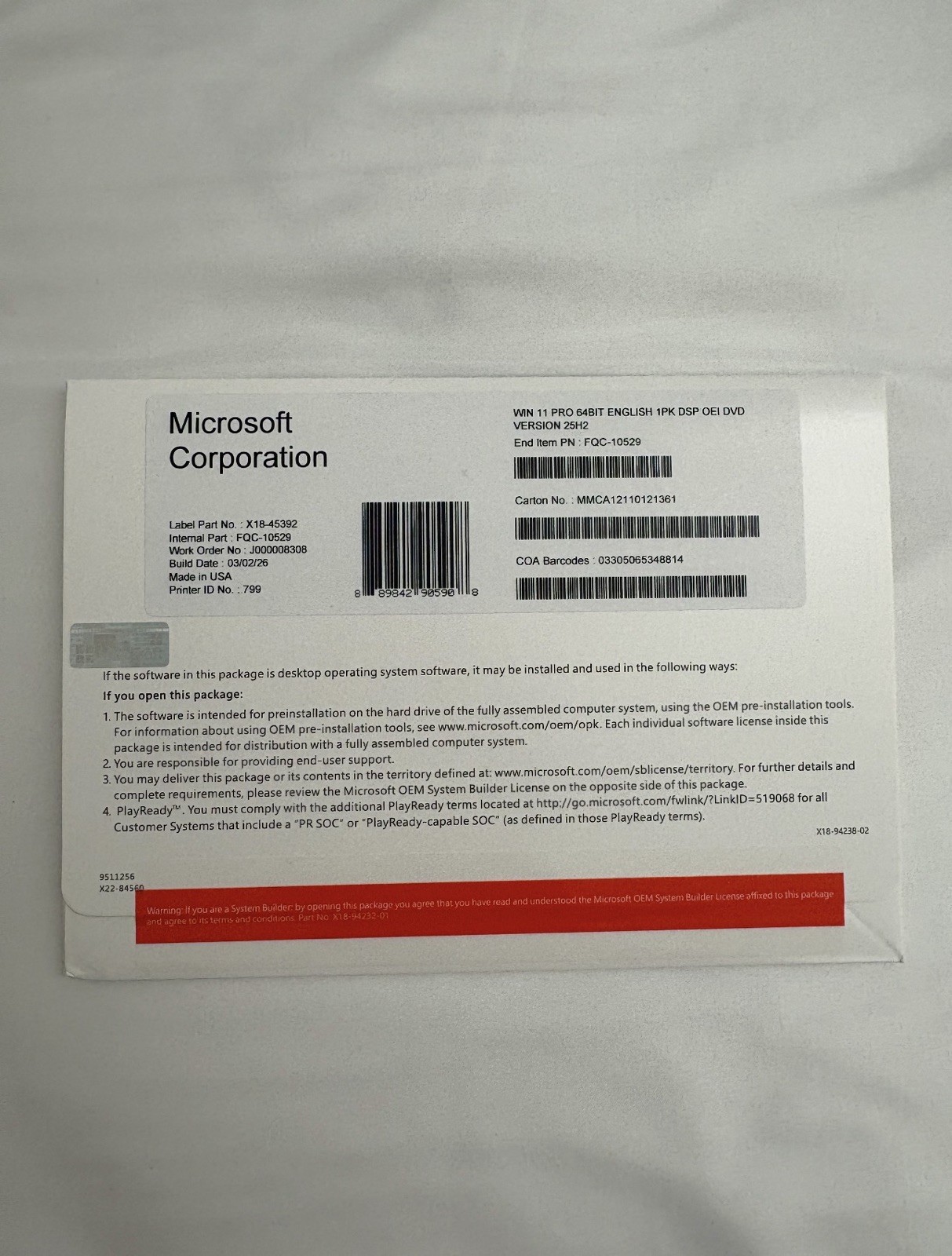 Microsoft Windows 11 Pro OEM System Builder DVD 64-Bit Genuine License New Seal