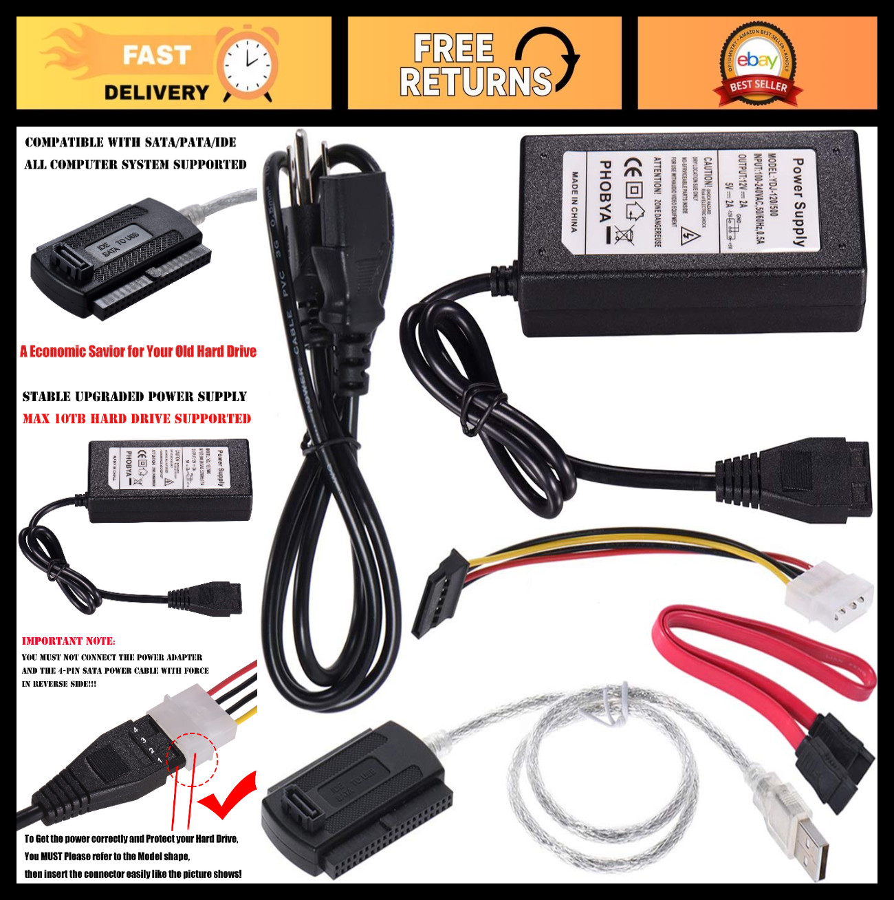 USB 2.0 Adapter Cable for SATA/PATA/IDE Hard Drives - 2.5" & 3.5" HDD/SSD with A