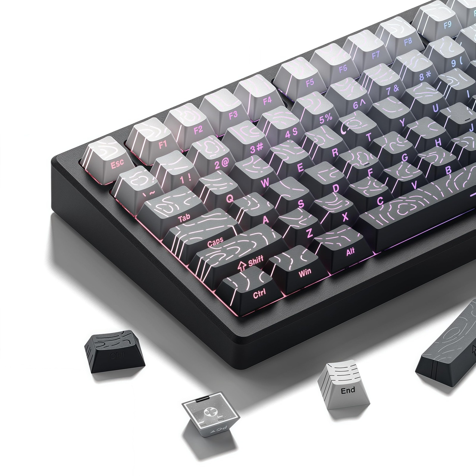 White/Grey Topographic Keycap Sets Line Backlit Gradient Shine Through Cherry
