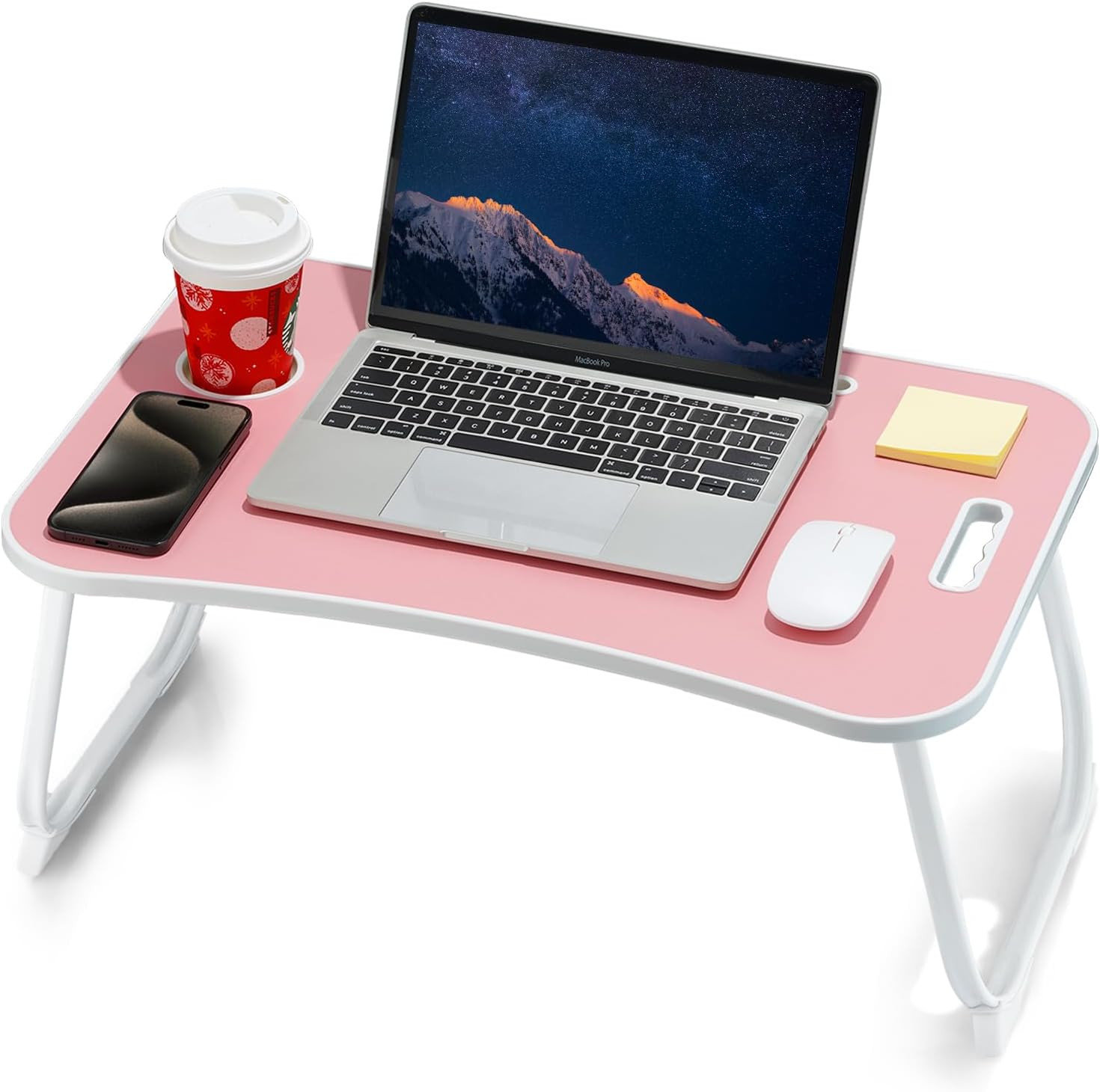 Foldable Laptop Bed Desk Pink Portable Lap Table with Cup Holder Tablet Slot
