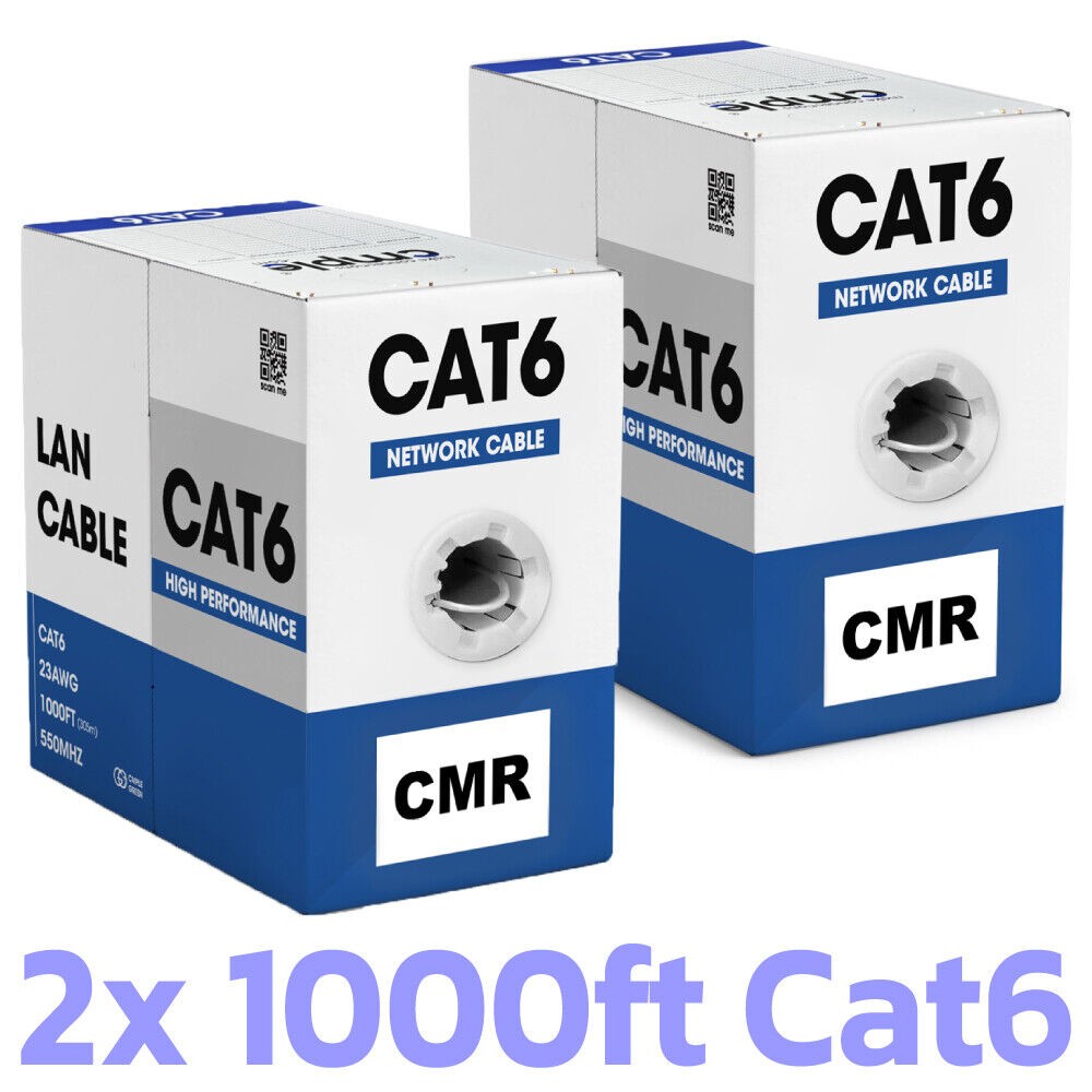 2 Pack 1000ft Cat6 Bulk Ethernet Cable Riser CMR Solid 23AWG UTP White