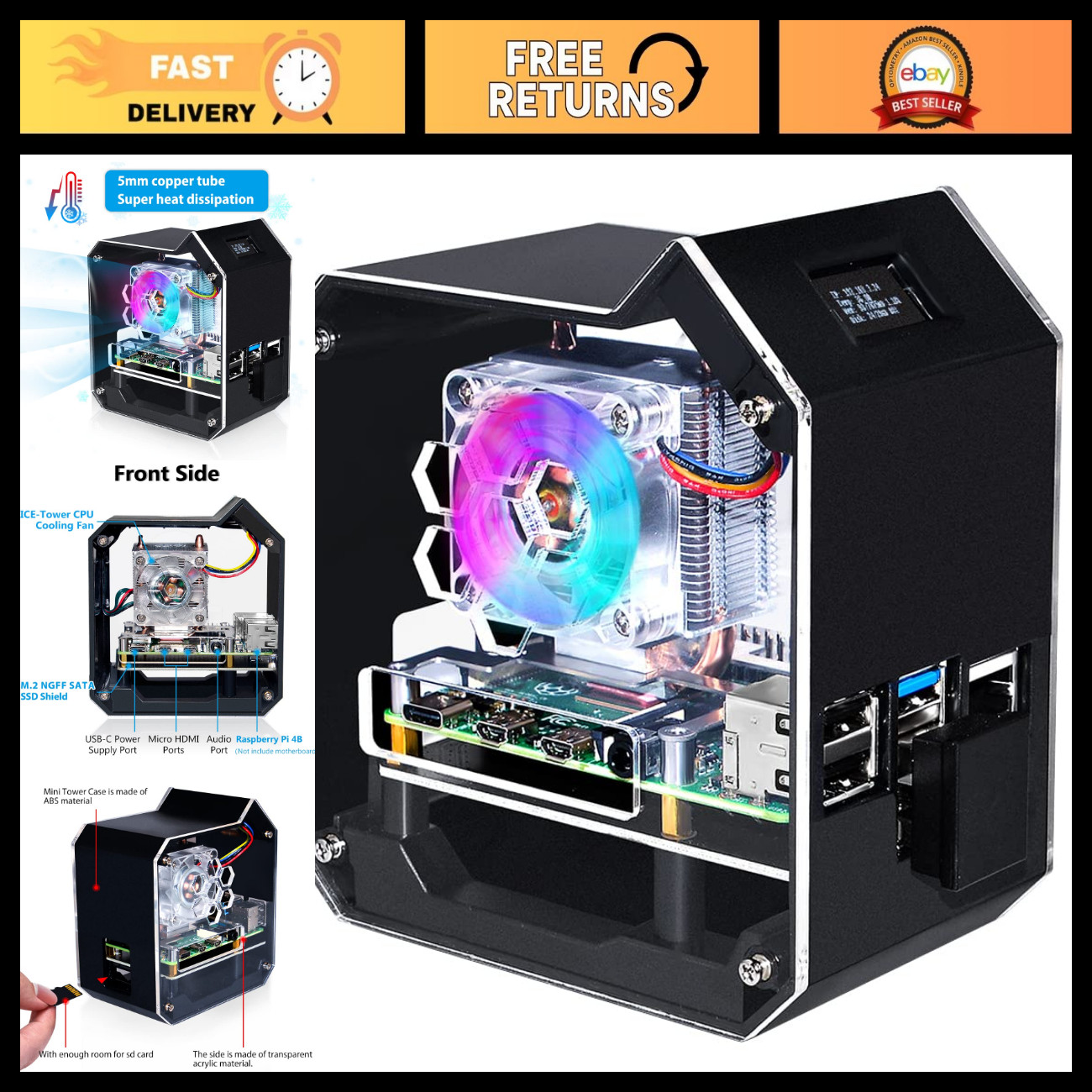 Mini Tower NAS Kit for Raspberry Pi 4 - PWM RGB Fan, M.2 SSD Expansion, GPIO 1 t