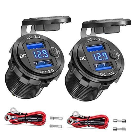 2 Pack 12V USB Outlet Dual QC 3.0 Fast Charger Waterproof USB Car 2pack-blue