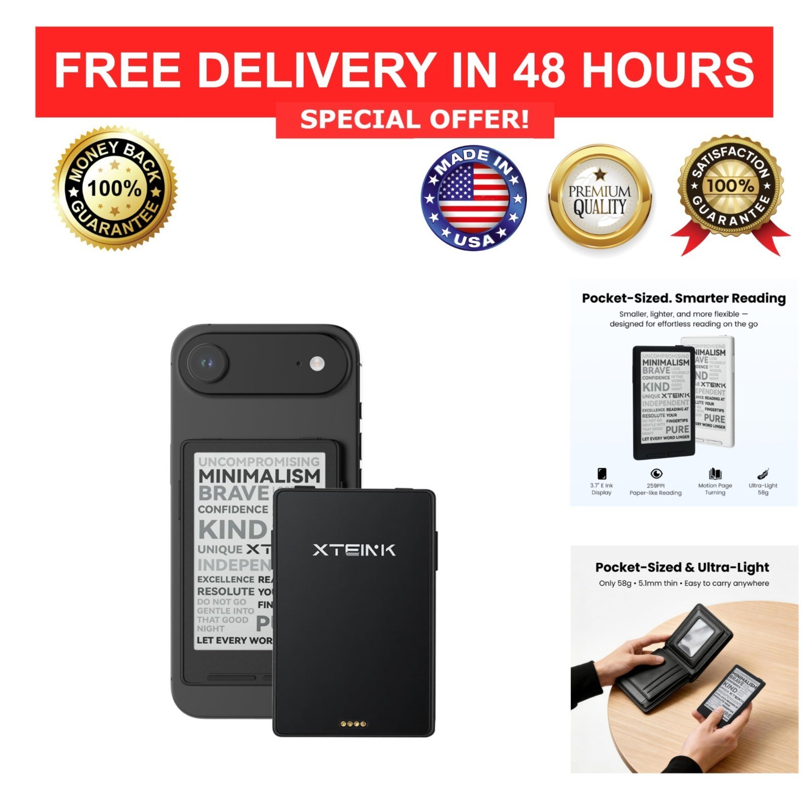 XTEINK X3 3.7" Pocket E-Ink eBook Reader, Space Black, 16GB, Expandable to 256GB