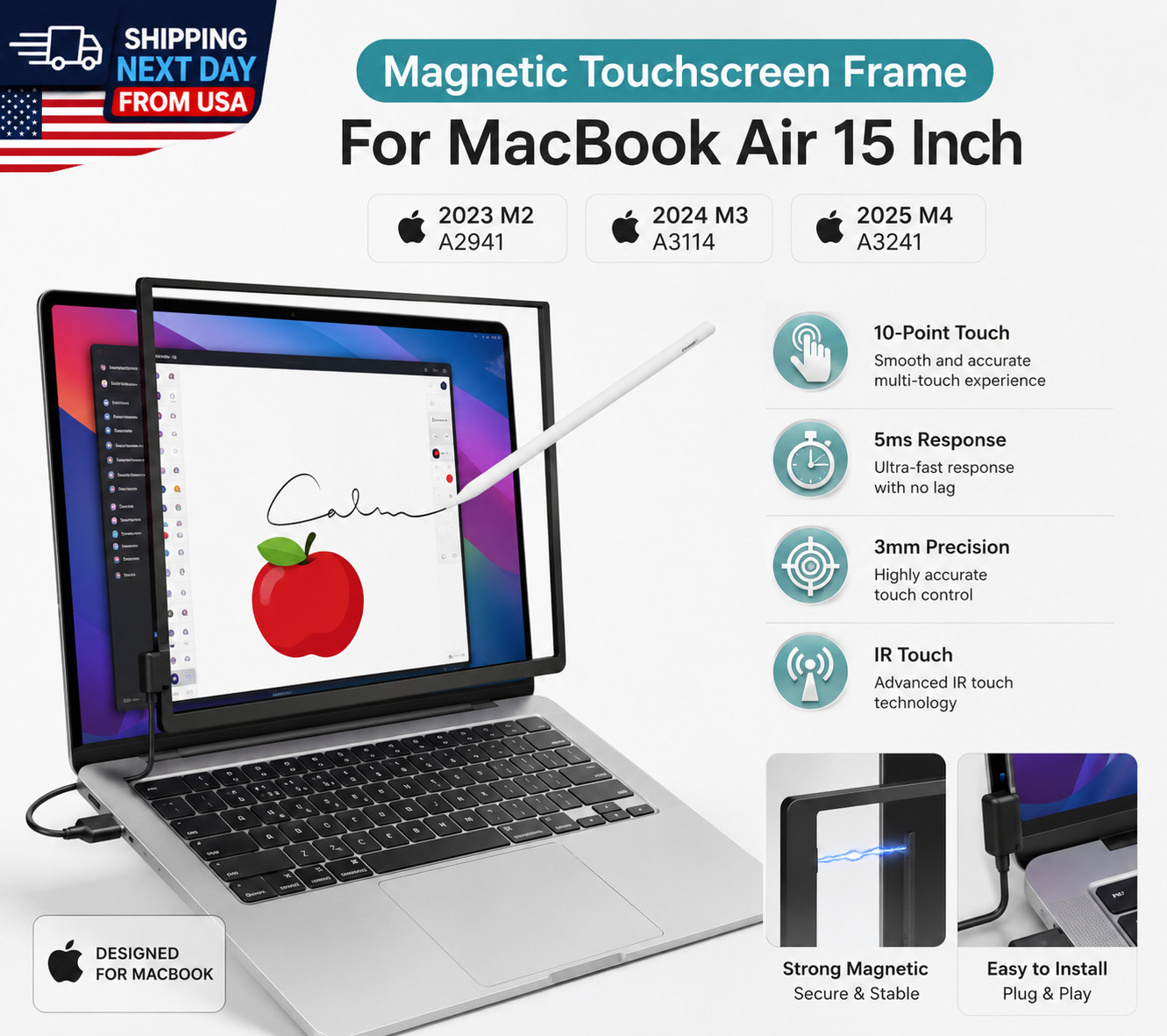 Magnetic Touchscreen Frame for MacBook Air 15" M2 M3 M4 IR Touch Stylus Case