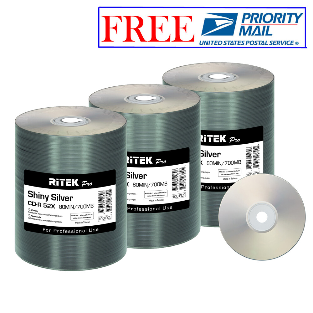 300 Pack Ritek Pro CD-R 52X 700MB Shiny Silver Lacquer Blank Recordable Disc