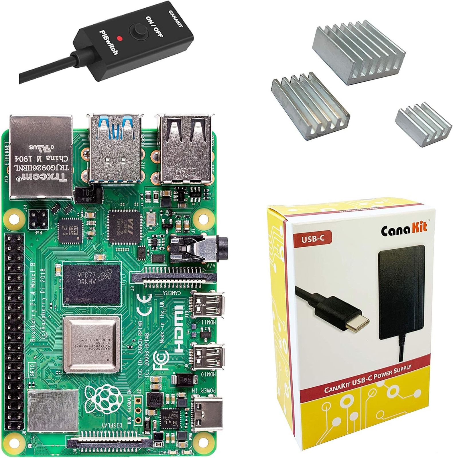 Raspberry Pi 4 4GB Kit with USB-C Power Supply PiSwitch Aluminum Heat Sinks for