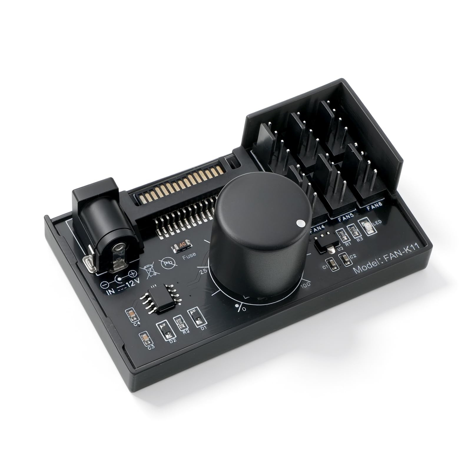 12V 4Pin PWM PC Fan Hub 6Way Cooling Controller with SATA Power & Speed Knob
