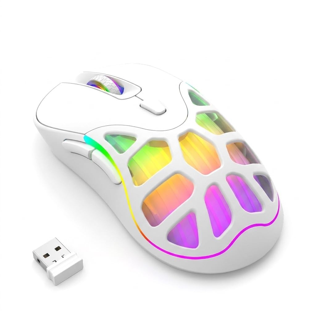MELOGAGA Wireless Gaming Mouse, Bluetooth/2.4G, 6400 DPI, RGB -White | Dual-M...