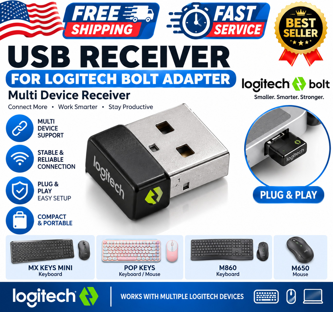 USB Receiver for Logitech Bolt Multi Device Adapter MX Keys Mini POP Keys K860