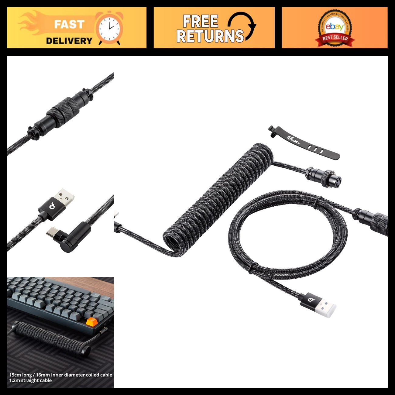 Custom Coiled USB C Cable for Gaming Keyboard, 1.5M Type C to USB-A, Angled Desi