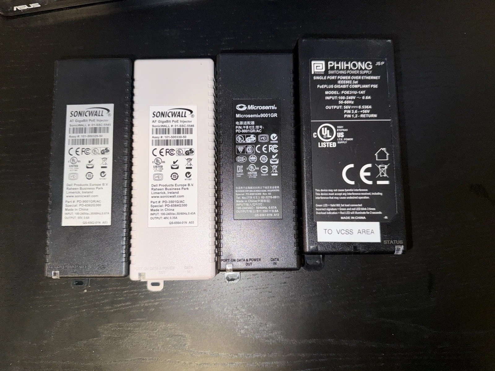 Lot Of 4 Gigabit PoE Injectors - Sonicwall, Microsemi, Phihong (802.3at/af)
