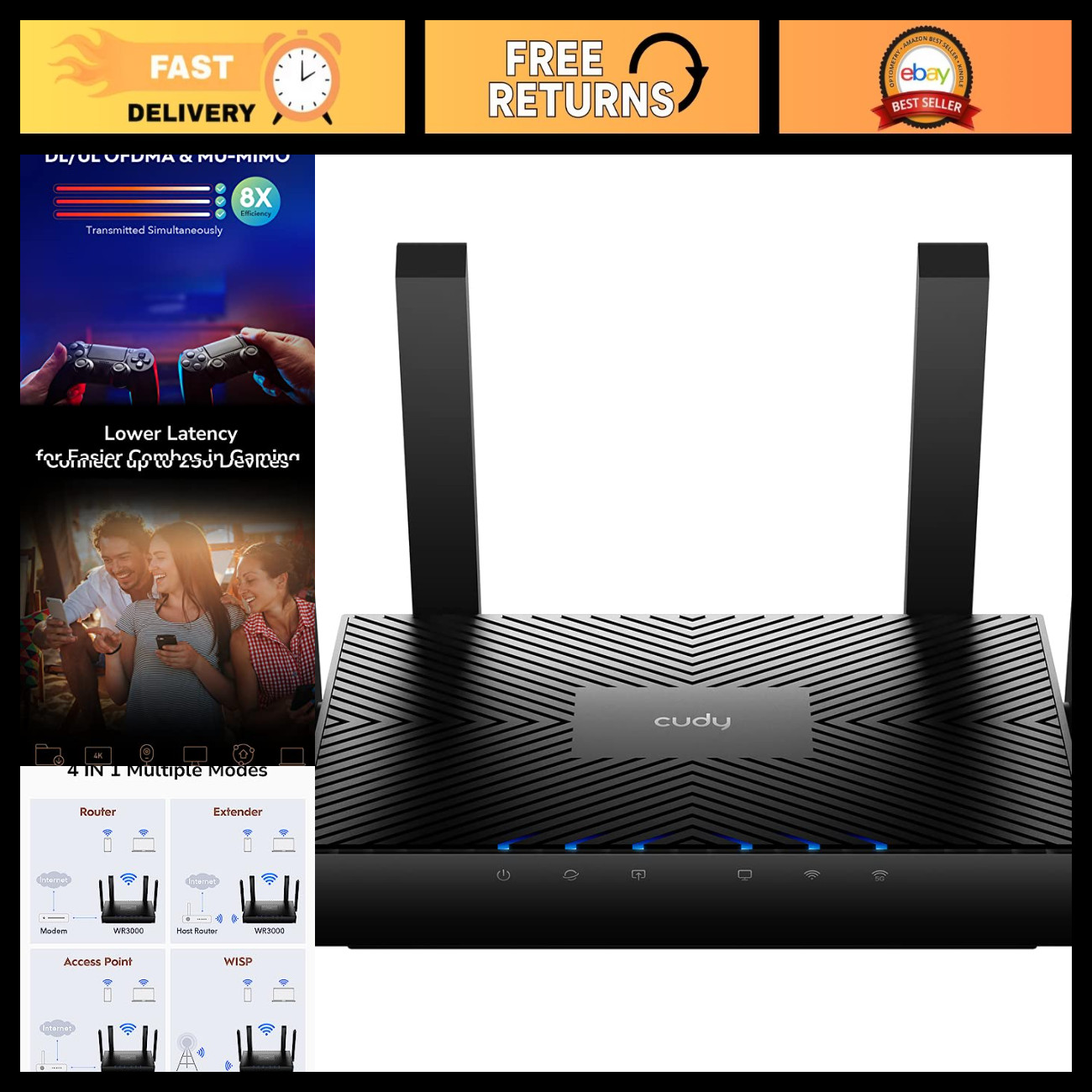 AX3000 Wi-Fi 6 Router, 4-Port Gigabit Mesh, 5-in-1 Modes, High-Speed Internet