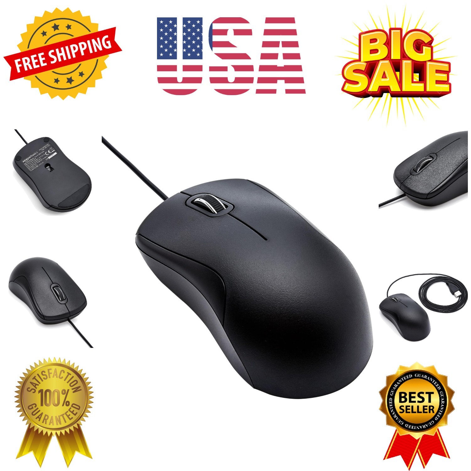 3-Button USB Wired Mouse with Precision Scroll Wheel, Standard, Black