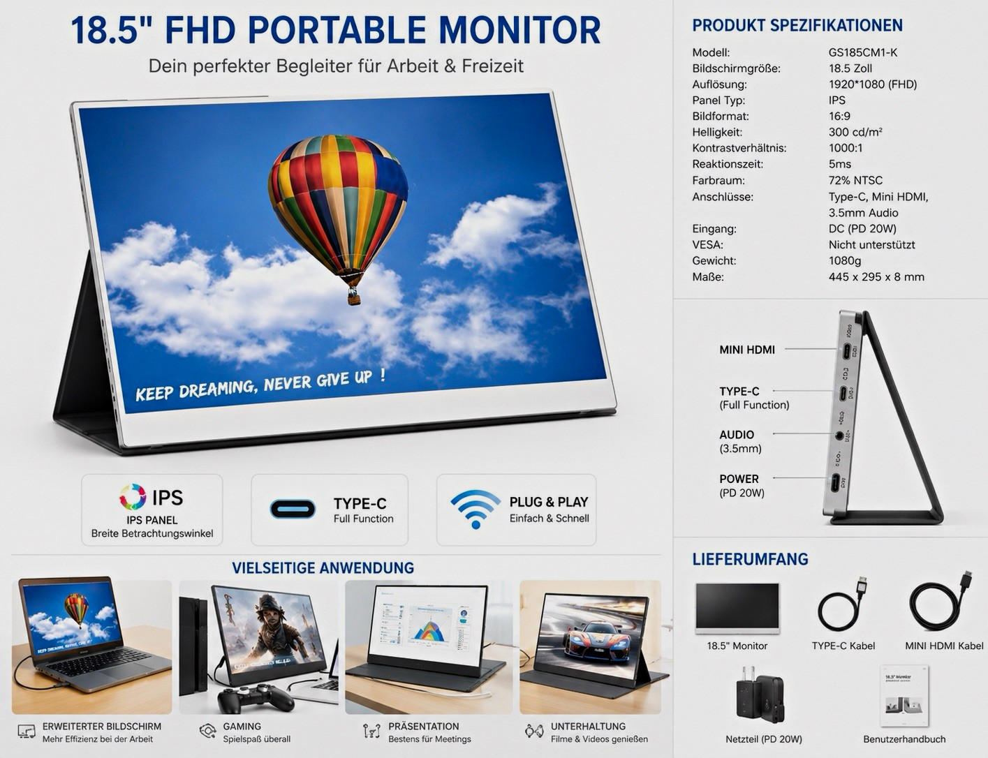 18.5 Inch Portable IPS Monitor FHD 1920x1080 USB-C Mini HDMI Plug & Play