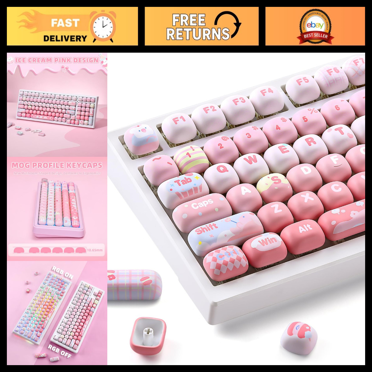 Pink Ice Cream Keycaps Set - MOG Profile Dye-Sub PBT for Mechanical Keyboards